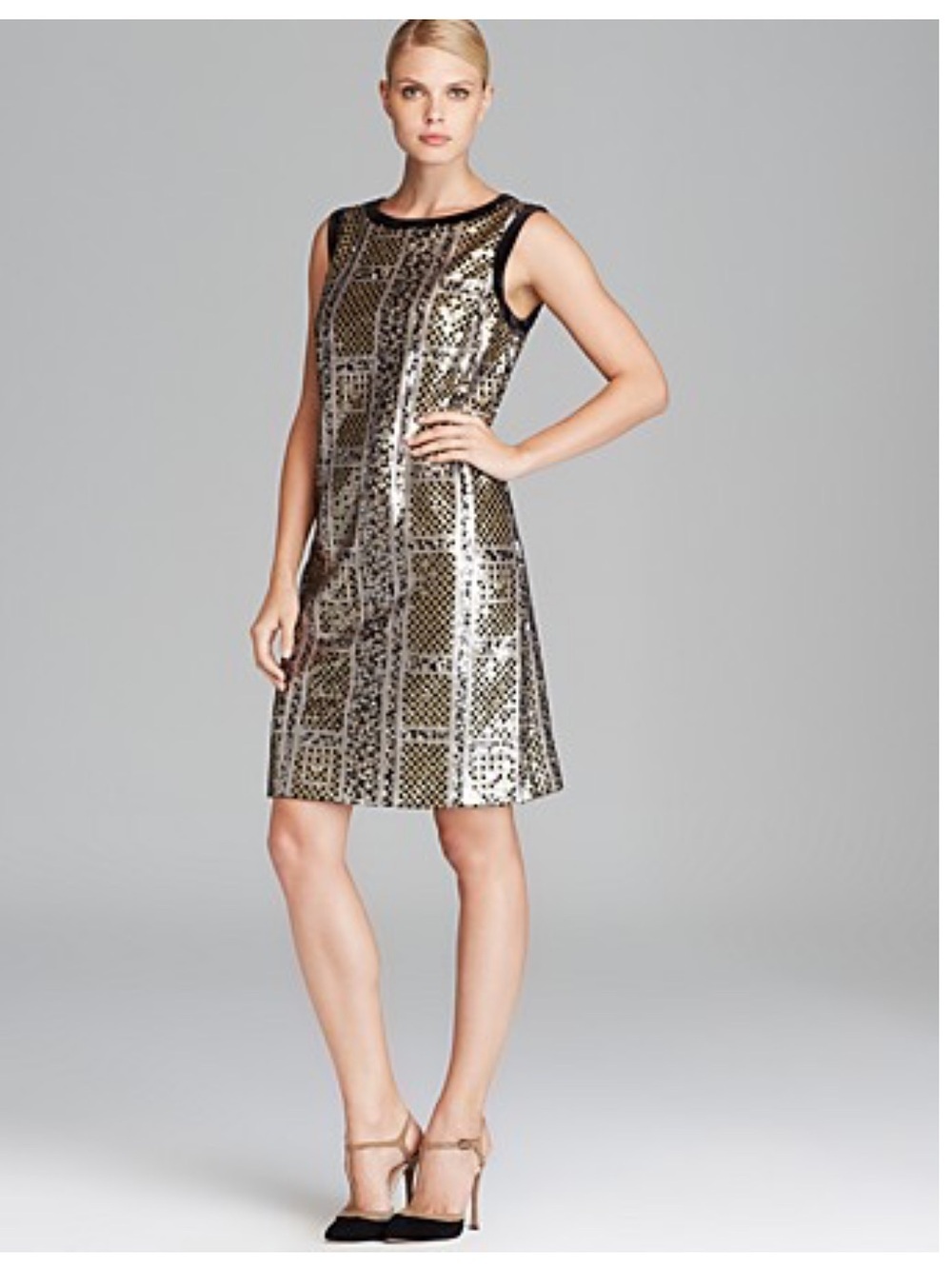 BASLER Sequin Sleeveless Shift Dress with Black velvet Trim